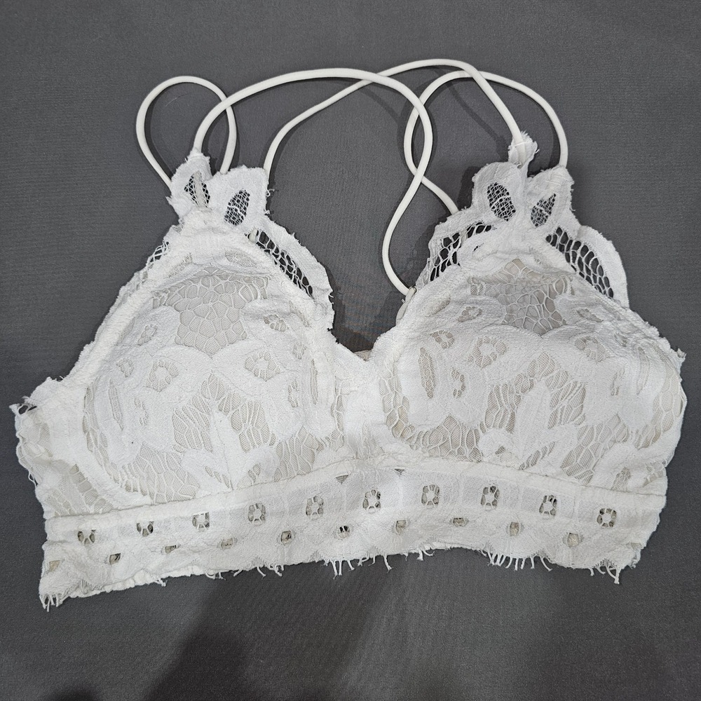 Pink Lily Size Large White Floral Lace Strappy V-Neck Padded Bralette Delicate